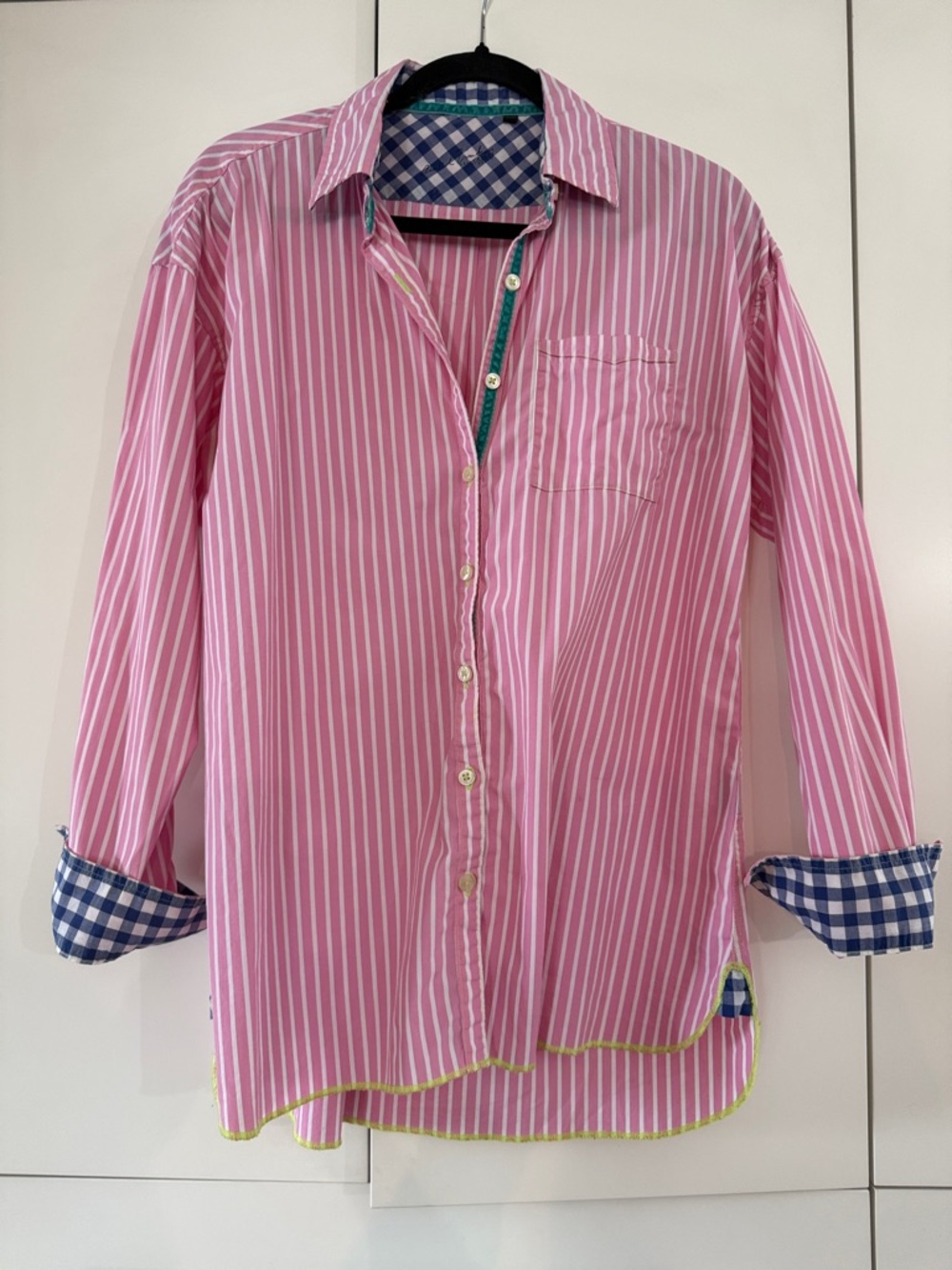 Relaxed Pink Stripe Button-Down Shirt with Contrast Trim